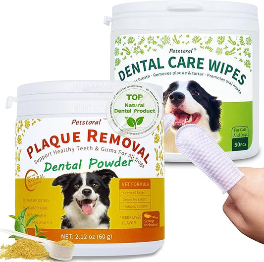 Dental Cleaning Kit, Dental Care Wipes to Clean Plaque on The Surface of The Teeth, Beef Liver Flavour Dental Powder with Probiotic to Solve Oral Problems from The Inside of Digestion