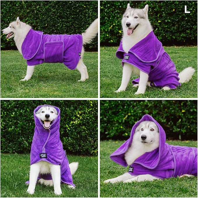 Tuff Pupper Fast Drying Dog Bath Robe | 800 GSM Plush Dog Towel Bathrobe/Dressing Gown | Super Absorbent Pet/Puppy Bathrobe | Adjustable Hood & Belly Strap | Super Soft | Fast Drying (L, Purple)