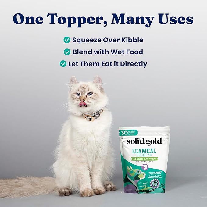 SeaMeal Squeeze Tuna Lickable Cat Treat with Seaweed for Skin, Coat, Digestive & Immune Health - Natural, Holistic, Grain-Free (4 Squeezes)