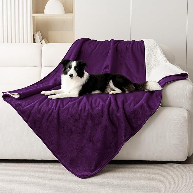 Smiry Waterproof Dog Bed Blanket, Leakproof Pet Throw Blanket for Bed Couch Sofa, Reversible Sherpa Fleece Furniture Protector Cover for Small Medium Large Dogs Cats (Purple, 40x57 inches)