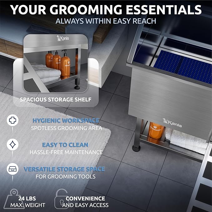 KANIS Professional Dog Washing Station - 304 Stainless Steel Pet Wash Sink & Grooming Bathtub w/Shower, Floor Grates and Storage for Large, Medium & Small Pets (50", Shelf - Right Ramp)