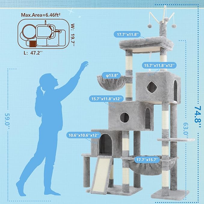 Hey-brother Cat Tree Tower, Scratching Posts with 3 Condos, Large Basket, Cozy Bed, Sisal Board, Step-by-Step Climbing Pathway and Toys, 74.8 inches Furniture for Big Indoor Cats, Light Gray MPJ081W
