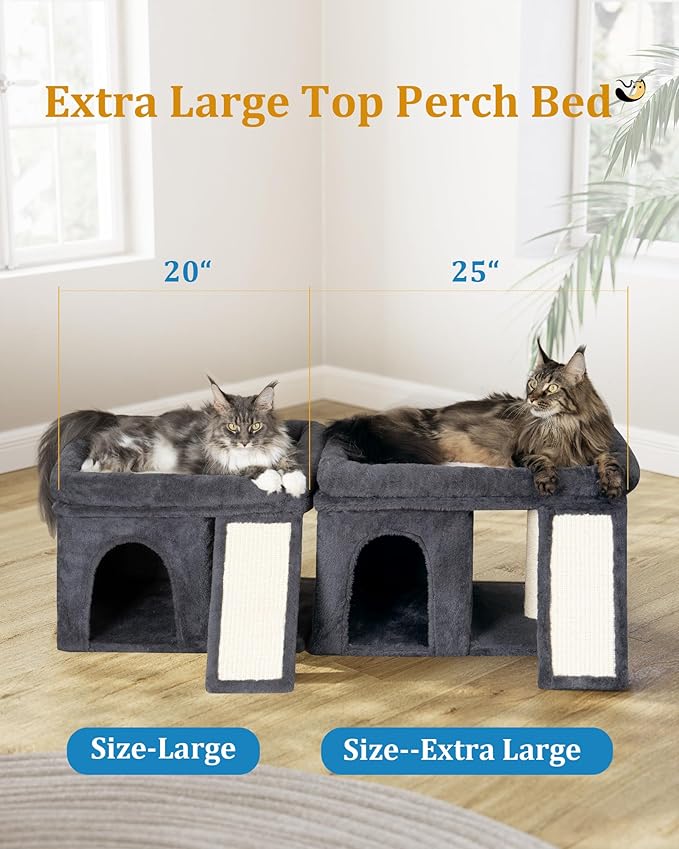 XL Cat Tree Tower for Large Adult Cats 20 lbs+, 25in Perch Bed, Condo Cave for Indoor Medium Kittens, 2 Scratchers, Extra Large Platform