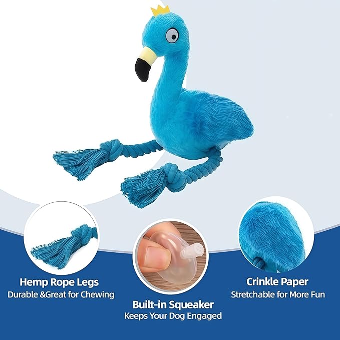 Plush Flamingo Dog Toy, Blue, Squeaky Stuffed Animal with Rope Legs, Interactive Chew Toy for Small, Medium Dogs