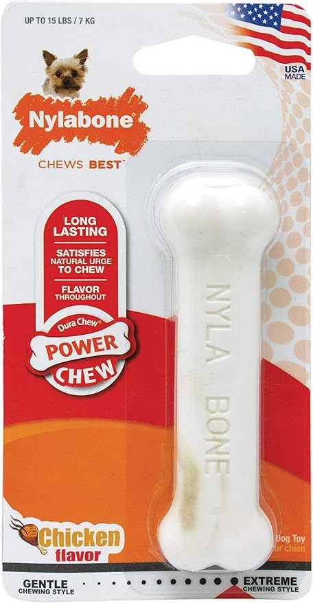Nylabone Power Chew Classic Bone Chew Toy for Dogs, Durable Dog Toys for Aggressive Chewers, Chicken Flavor, X-Small/Petite - Up to 15 lbs. (1 Count)