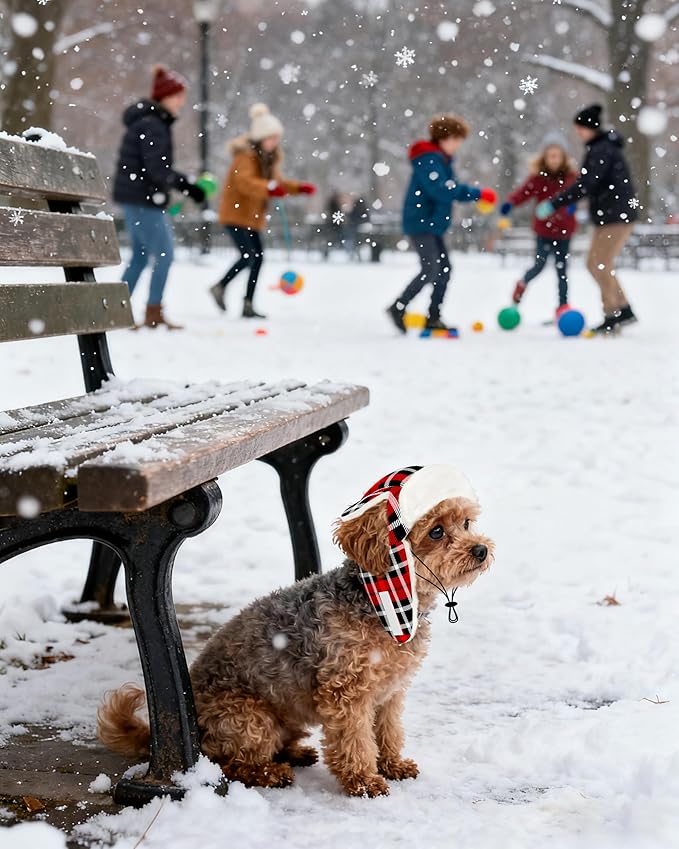 PET SHOW Dog Trapper Hat Winter Hat for Small Dogs Christmas Warm Fleece Aviator Hats with Ear Flaps Adjustable Outdoor Boy Puppy Pet Pilot Costume Cap S-Red Plaid/with Ear Holes