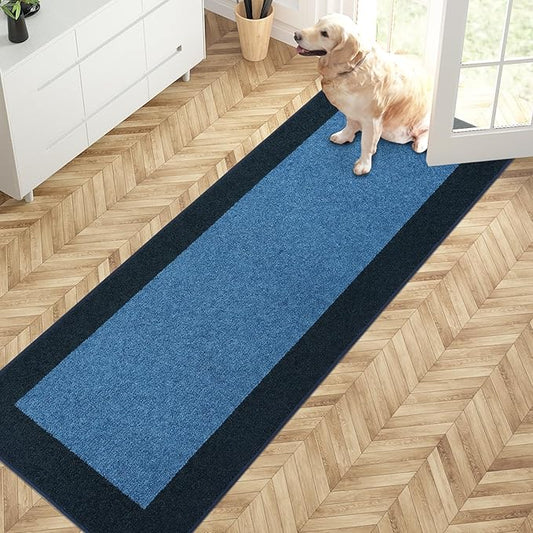 PURRUGS Dirt Trapping Door Mat 24" x 70", Non-Slip/Skid Machine Washable Entryway Rug, Shoes Scraper, Throw Rug, Super Absorbent Area Rug for Muddy Wet Shoes and Paws, Light Blue & Navy