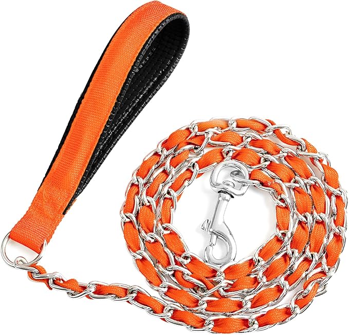 Heavy Duty Metal Dog Leash, Chew Proof Dog Chain Leash with Comfortable PU Leather Padded Handle, Metal Chain and Nylon Rope Leash for Medium Large Pooch Walking Training (6ft 3.0mm Orange)