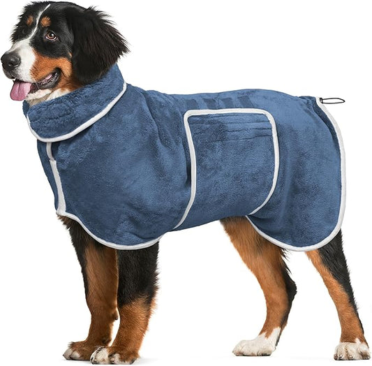 Dog Bathrobe Towel Drying Coat - Super Absorbent Bath Robe for Drying Dogs Large, Soft Adjustable Collar & Belly Strap Fast Drying Coat Pet Dog Cat Bath Robe Towel (Blue, XX-Large)