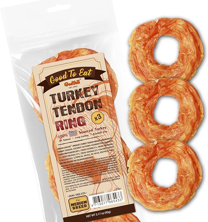 Gootoe Turkey Tendons for Dogs –All-Natural, Hypoallergenic Dog Treats, Rawhide Alternative, Long Lasting Puppy Chews, Healthy Dog Treats for Medium Breeds, Ring (M), 3 Count Pack