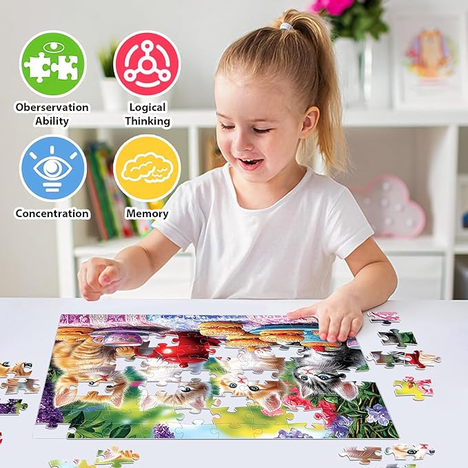 100 Piece Puzzles for Kids Ages 4-6, Kittens' Tea Time Jigsaw Puzzle, Educational Fun for Kids Ages 6-8 & 8-10, Large Piece Puzzles for Seniors & Adults, Creative Puzzle for Family Activities