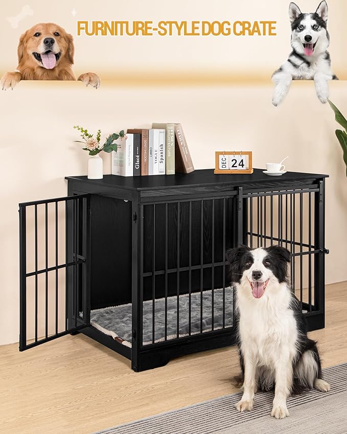 XL Large Dog Crate Furniture, 44.1" Indoor Dog Kennel Furniture with Barn Door, Wooden Tall Dog Crate, Heavy Duty Dog Cage for Large Dogs, Side End Table, Anti-Chew, Black DFC80104B