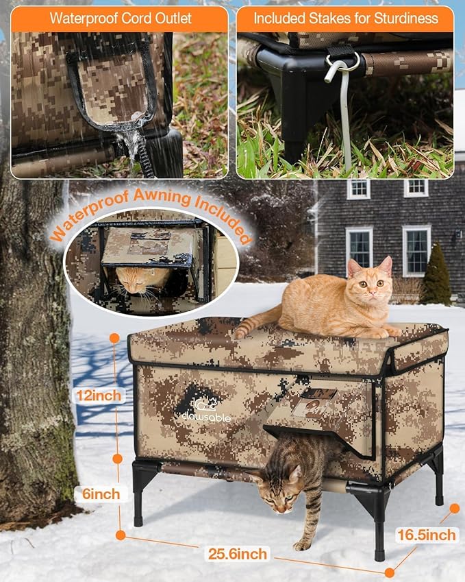 Indestructible Heated Cat House for Outside Winter, 100% Waterproof, Safe Escape Door, Insulated Outdoor Cat Shelter with Heater for Feral Barn Cat Kitty (Desert Camouflage, 27"x17"x18")
