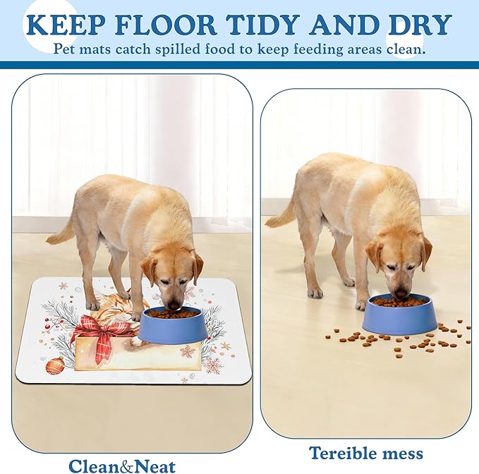 Cat Dog Cat Food Mat–Absorbent Waterproof Placemat for Food and Water Bowls, Non Slip Rubber Backing, Feeding Mat for Clean Floors 16"x24"