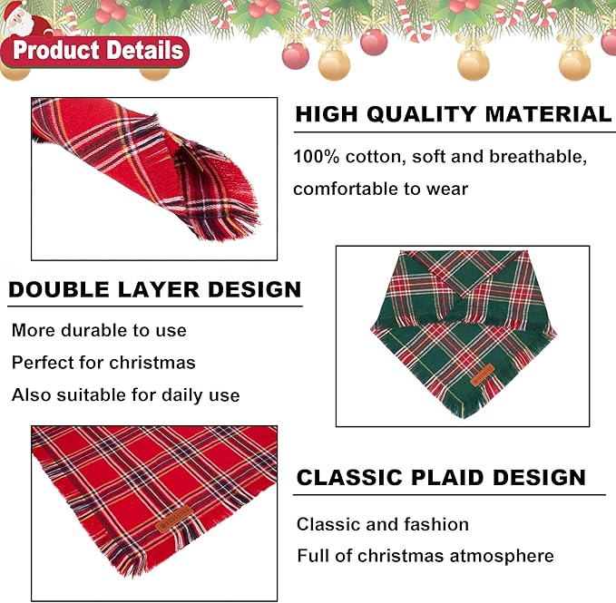 ADOGGYGO Christmas Dog Bandanas with Tassels, Stylish Red Green Plaid Dog Scarf Bib, Multiple Sizes, Pet Christmas Bandanas for Medium Large Dogs (Large)