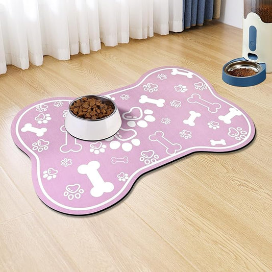 Dog Cat Mat for Food and Water,Rapid Absorbent Pet Feeding Mat, Bone Shaped Dog Placemat Bowl Mat with Rubber Backing,No Stains Pet Food Mats Indoor, Pet Accessories Supplies,Pink 16"×24"