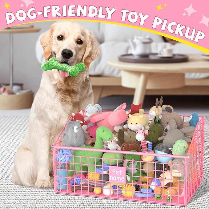 Indestructible Dog Toy basket, Large Toy Bin for Dogs,Pet Toy Bin Dog Metal Basket Organizer Storage for Toys Food Storage (Pink)