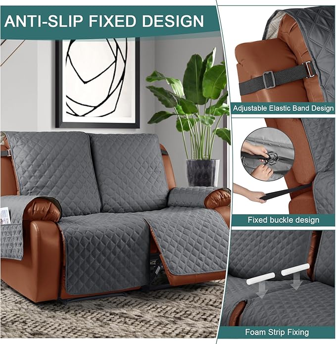 Ruaozz Waterproof Recliner Sofa Cover 1-Piece Couch Covers for Reclining Couches Reclining Sofa Cover Washable Furniture Protector with Elastic Straps Pocket for Kids, Pets (Dark Grey, XL 2 Seater)