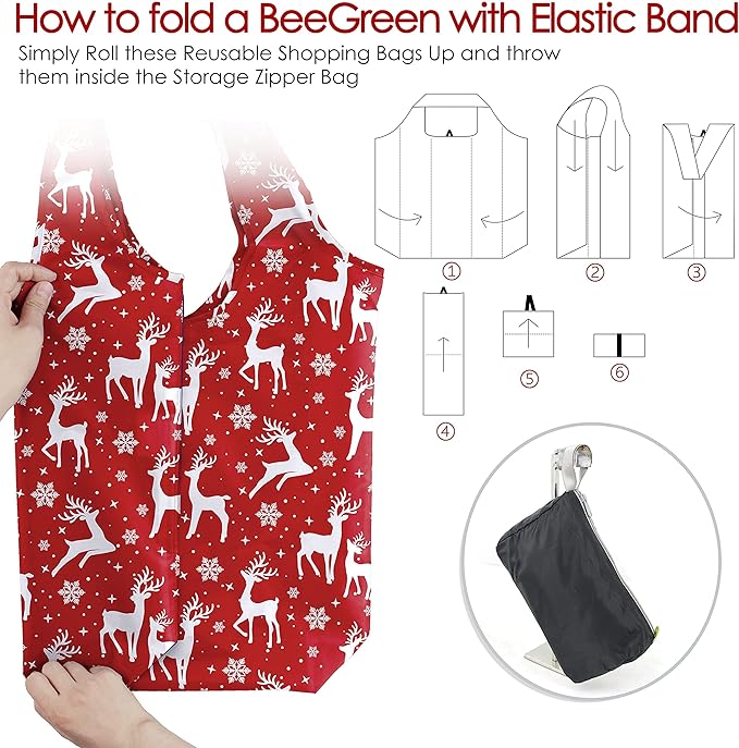 BeeGreen Christmas Reusable Shopping Bags 12 Pack with Zipper Storage Pouch Christmas Gifts Grocery Bags Bulk with Elastic Band 50LBS X-Large Foldable Machine Washable Santa Deer Snowman
