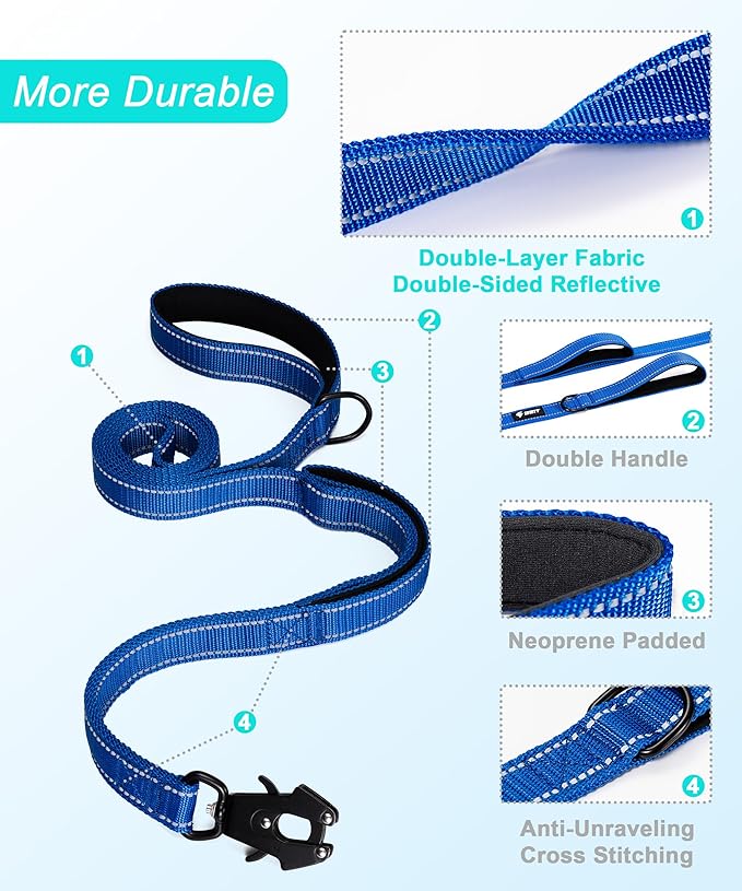 GEIT 4/5/6FT Heavy Duty Dog Leash with 2 Comfortable Padded Handles, Reflective Rope Leashes with Quick Release/Locking Tactical Frog Clip for Small Medium and Large Dogs, Blue