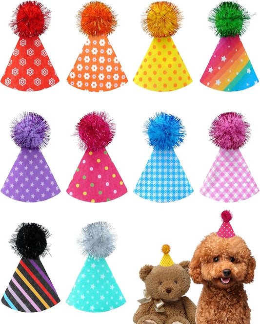PET SHOW 10 Pack Mini Party Hats for Small Dog Birthday Stuffed Animals Dolls Puppy Cats Adjustable Headband Colorful Holiday Felt Hats Kitten Pet Grooming Costume Accessories