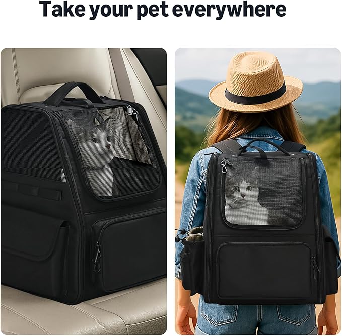 Amazon Basics Pet Backpack for Cats & Small Dogs, Collapsible Travel Carrier with Ventilated Mesh, Removable Pad, and Safety Leash, Black