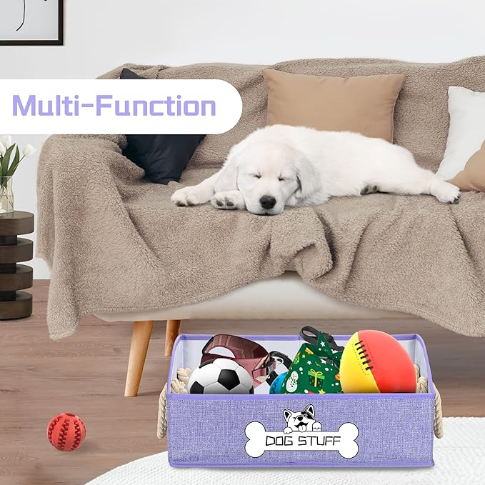 Collapsible Fabric Dog Toy Box and Storage Bin With Handle - Trapezoid Basket Chest Organizer for Pet Toys, Blankets and Accessories, Purple