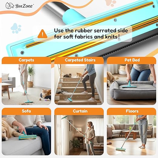 3 In 1 Carpet Rake for Pet Hair Removal with Long & Short Handle and Rubber Detail Brush, Carpet Brush for Pet Hair, Deep Cleaning Pet Hair Removal Broom for Carpets Couches Rugs Bed Furniture