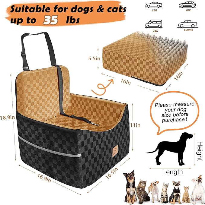 Dog Car Seat for Small and Medium Dogs Up to 35 lbs –Memory Foam Dog Booster Seat with Safety Leash & Storage Pockets, Fits Front & Back Car Seats, Removable Washable Cover – Black & Brown