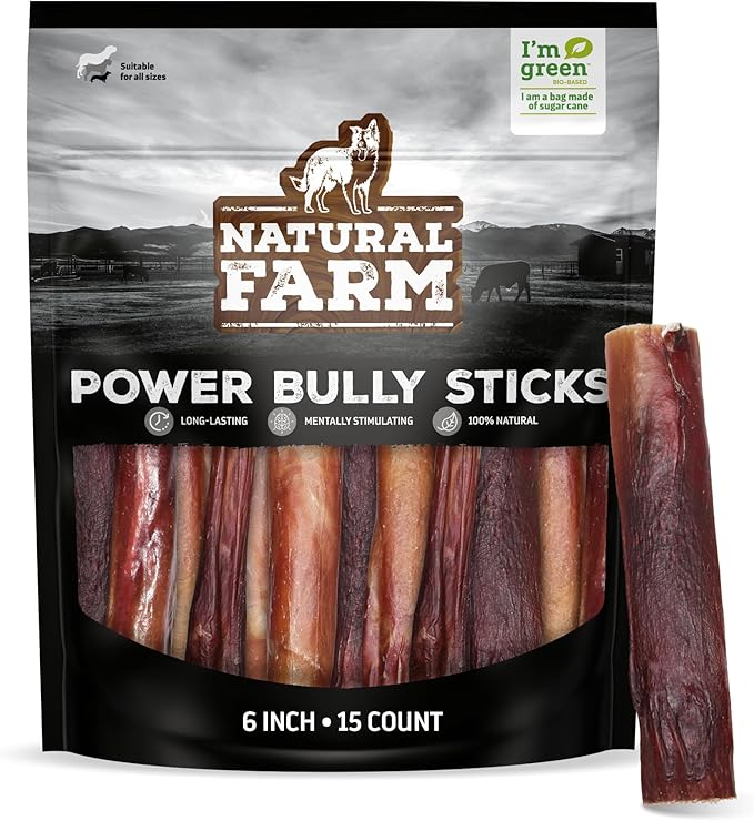 Natural Farm Power Bully Sticks Dog Chews (6”,15-Pack), 2-in-1 Power Chews: Premium Beef Cheek Wrapped in Beef Pizzle, Long-Lasting, Great Dog Dental Treats for Small, Medium & Large Dogs