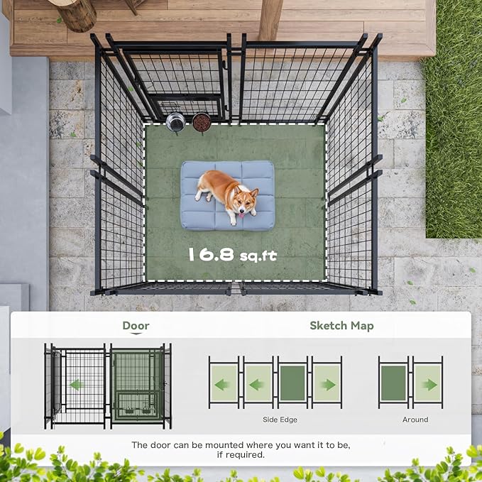 Greesum Large Outdoor Dog Kennel, Heavy Duty Welded Wire Steel Dog Playpen Fence with Secure Lock/UV-Resistant Waterproof Roof Cover/Rotaing Feeder Bowls, for Small/Medium/Large Dogs, L