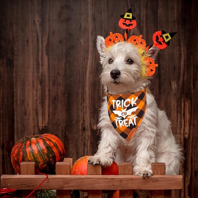 ADOGGYGO Halloween Dog Bandana Reflective Trick or Treat Boo Scarf Orange Purple Plaid Halloween Bandanas for Small Dogs Pets (Small)
