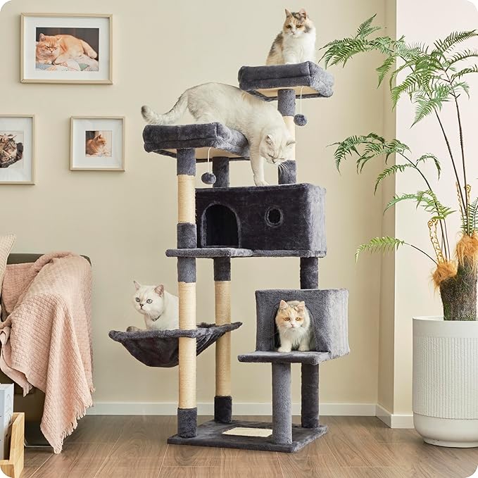Ouritsu Cat Tree, 57 inch Cat Tower for Large Cat Indoor, 2 Top Perches with 1 Widened, 2 Condos with 1 Enlarged, Steel Frame Hammock, Scratching Posts and Scratching Pad, Dark Gray, LF003DG