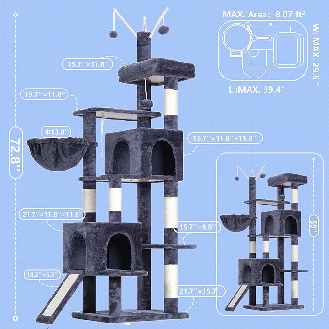 Hey-brother Cat Tree Tower, Sturdy Scratching Posts with Platform, Large Condos, Hammock, Removable Toys, Scratch Board, Multi-Level Furniture for Indoor Cats, 59.0 or 72.8 Inches, Smoky Gray MPJ055G