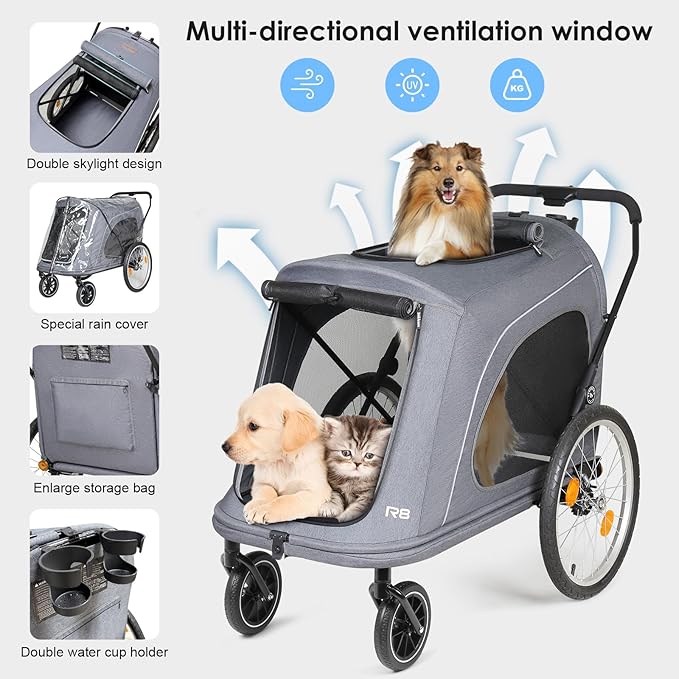 R8 Pro Extra Large Foldable Pet Stroller, Dog Stroller & Pet Trailer for Large Dogs Under 100 lbs, Unmovable, Disabled & Pregnant Dogs - Conveniently Carriable by Bike and Car, Grey