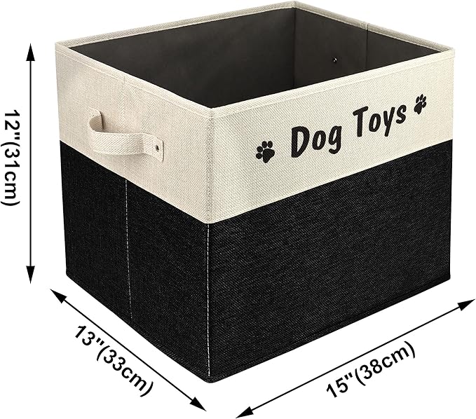 PET ARTIST Large Dog Toy Basket, Foldable Dog Toy Bin Box for Living Roon Area, Collapsible Storage Baskets with Comfortable Handles for Pet Coat,Accessories, Black, 15"x13"x12"