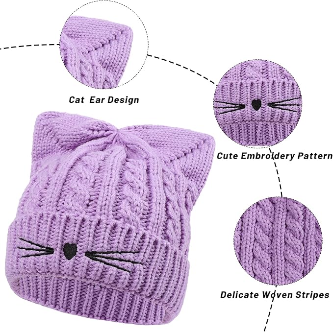 Kids Girls Cat Ear Hat Winter Warm Knit Beanie Cute Ski Skull Cap for Ages 7-12