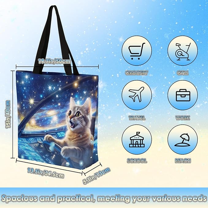 Spaceship Cat Canvas Tote, Multipurpose Shoulder Bag with Unique Sci-Fi Cat Design for Women & Men