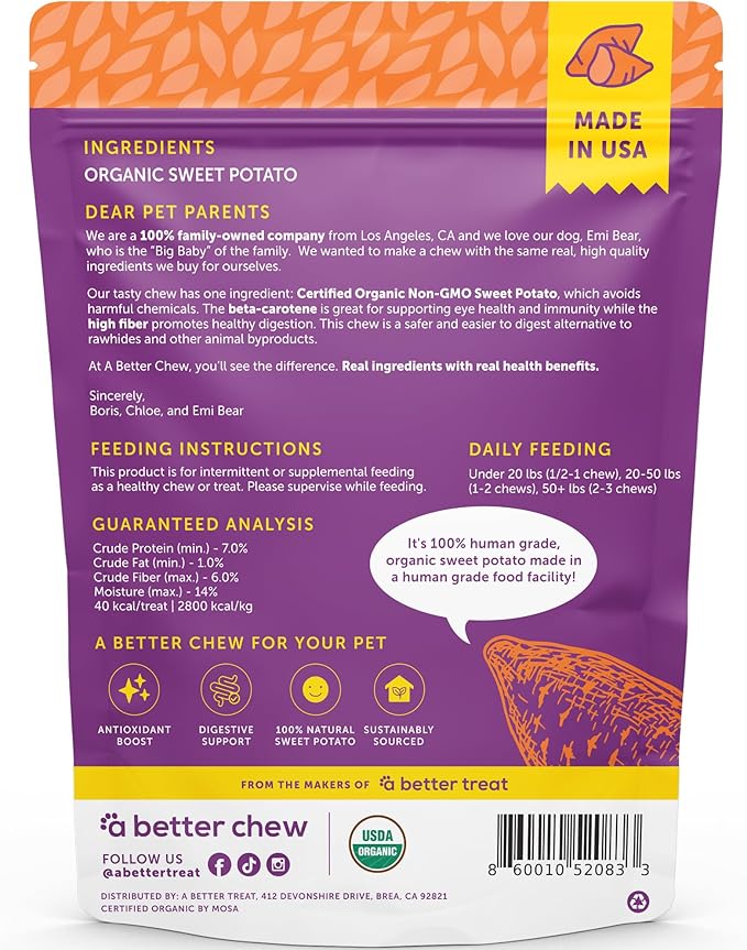 A Better Treat – Organic Sweet Potato Dog Treats, Single Ingredient, Dehydrated | Natural, Healthy, Long Lasting Chew, Diabetic Friendly | Sourced and Made in The USA