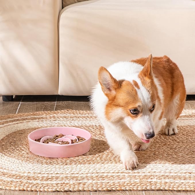 vancasso Slow Feeder Dog Bowl, 1.5 Cups Ceramic Slow Feeder for Medium Breed, Puzzle Maze Food Dog Bowl for Fast Eater, Pink