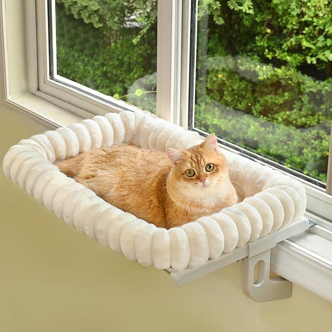 Cat Window Sill Perch,‌ 4-Sided Cushion Bolster Cat Window Seat with ‌Sturdy Frame,‌ ‌Easy Adjust Window Sill Mount Pet Bed for Indoor Cats (White, Medium)