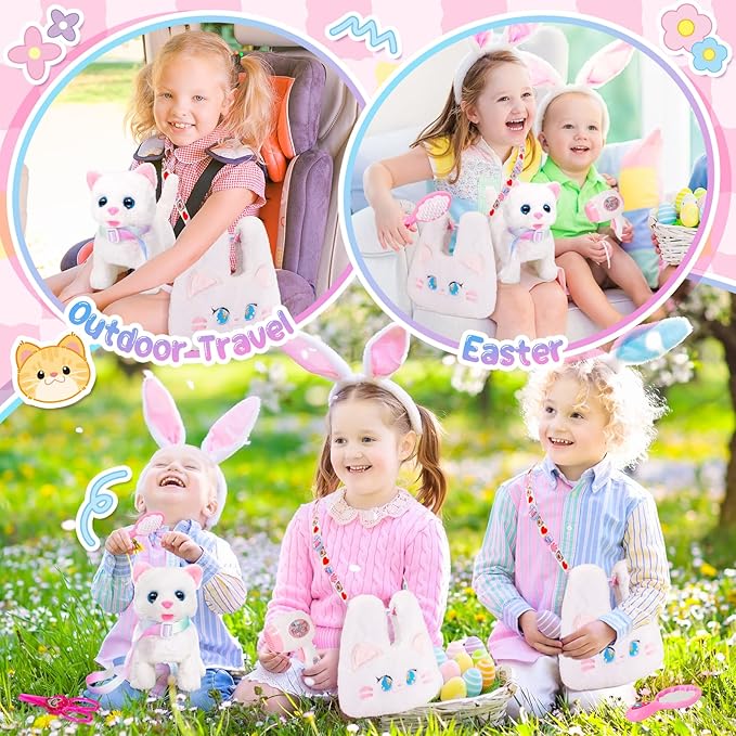 Interactive Cat Toys for Kids with Crossbody Bags, Stuffed Cat Plush with Leash Walking Meow Pretend Play Kitty Robot Pet Toy, Electronic Realistic Cute Stuff for Girls Plushies Toddler Toys