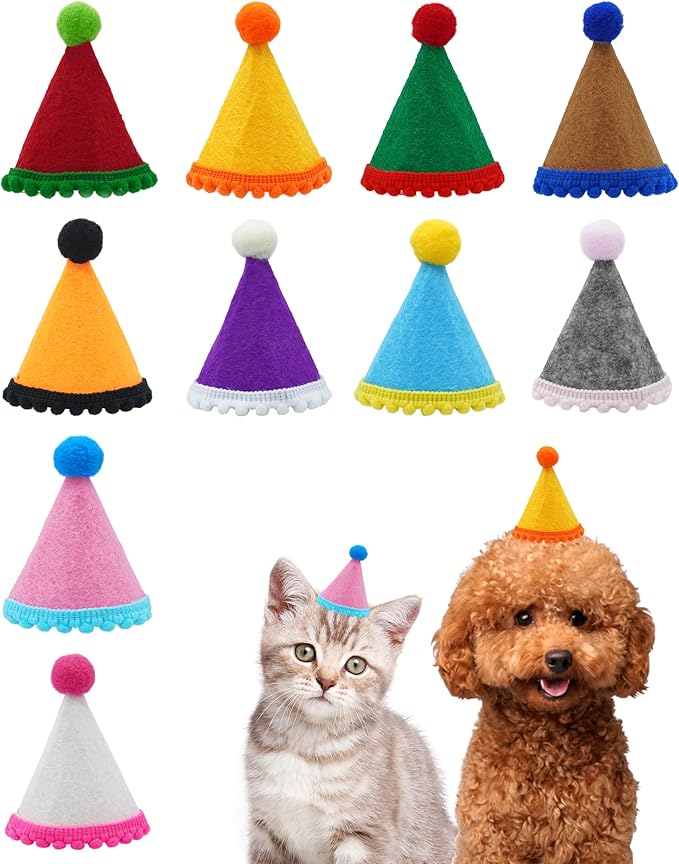 PET SHOW 10 Pack Mini Party Hats for Small Dog Birthday Stuffed Animals Dolls Puppy Cats Adjustable Holiday Hats Felt Pom Pom Headband Kitten Pet Grooming Costume Accessories