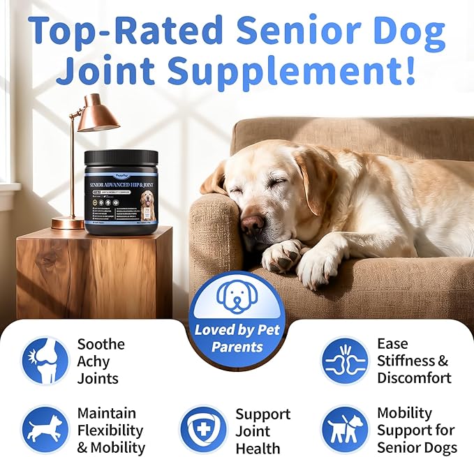 Senior Advanced Joint Supplement for Dogs – 17-in-1 Glucosamine for Dogs with Chondroitin – Hip & Joint Pain Relief Pills – Mobility Support Chews – Large & Small Breeds - Beef Flavor – 90Ct