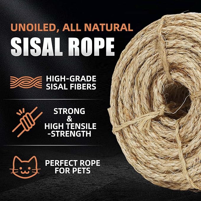 Twisted Sisal Rope 1/4" x 100ft - All Natural Chemical Free, Cat Tree Rope Twine for Scratching Post Repair, Replacement, and Crafts Gardening Home Decorating