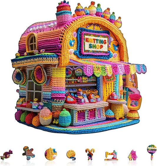 KAAYEE Wooden Puzzles for Adults, Knitting Shop Jigsaw Puzzles, 90 Piece Unique Shape Puzzle, Creative Gifts for Adults/Friends/Family, Family Game，Wall Decor(8.5 * 8.3in)
