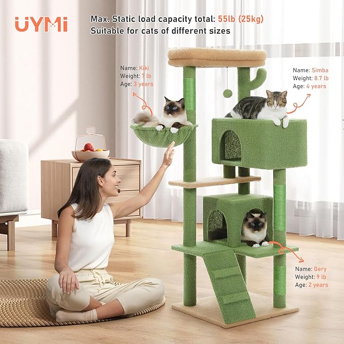 Cactus Cat Tree for Indoor Cats, 2 Cozy Condos with Spacious Top Perch, 56.3-Inch Multi-Level Cat Tower with Scratching Posts, 2 Caves, Plush Hammock and Climbing Ramp, Green