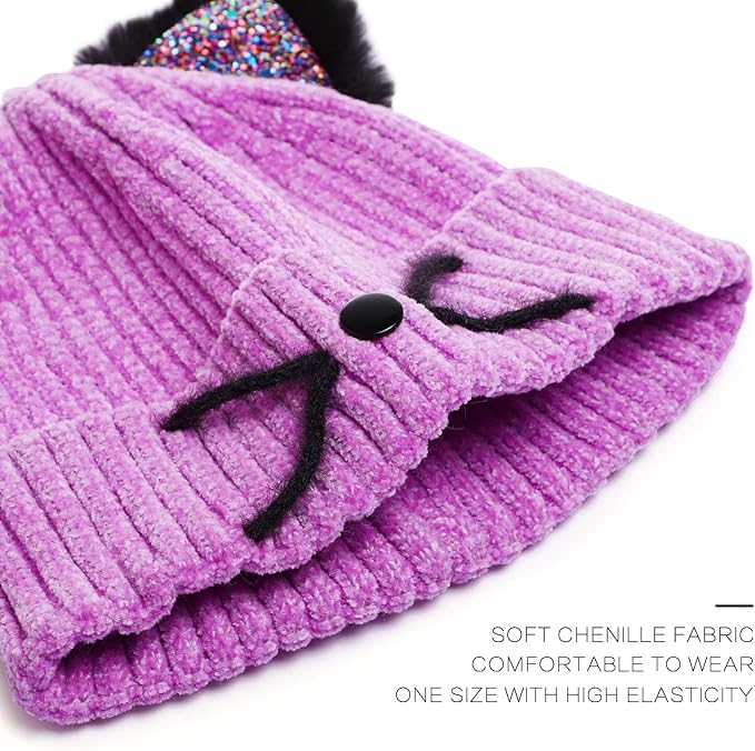 Kids Girls Cat Ear Hat Winter Warm Knit Beanie Cute Ski Skull Cap for Ages 7-12