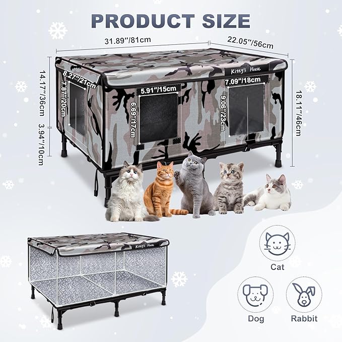 Outdoor Cat House - Weatherproof Outdoor Cat Shelter with 2 Doors & Rain Cover, Waterproof Cat House for Feral Cats & Stray Pets (32"x22"x18") - Unheated