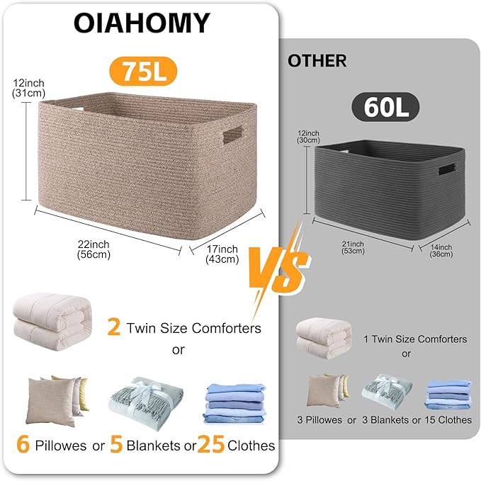 OIAHOMY 75L Large Woven Cotton Rope Storage Basket with Handle for Organizing Blanket and Toys for Living Room, Nursery, Brown Variegated 22”x17”x12”